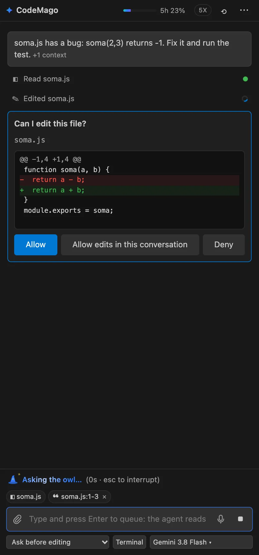 Asks before editing, with the diff on screen