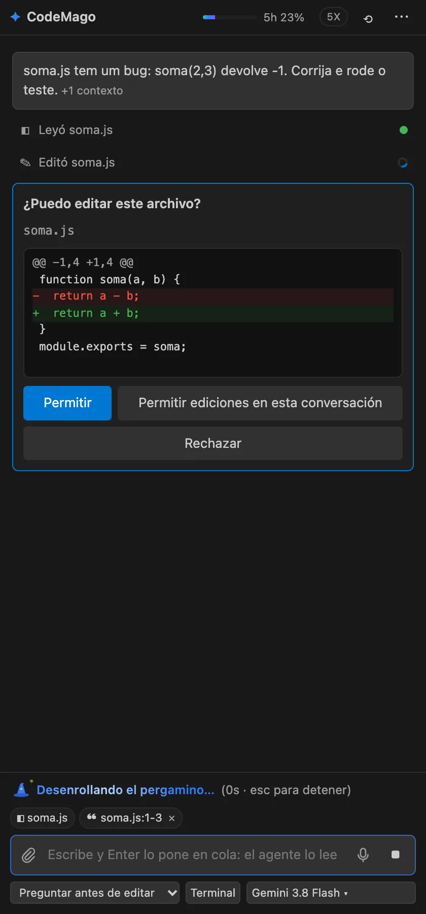 Pregunta antes de editar, con el diff en pantalla