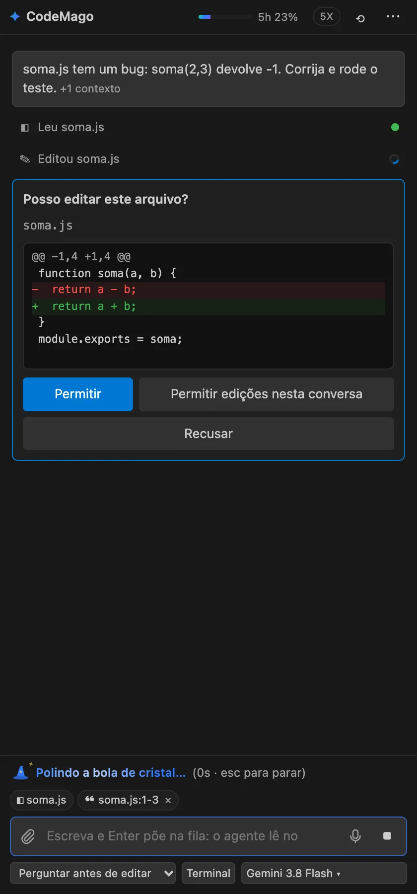 Pergunta antes de editar, com o diff na tela