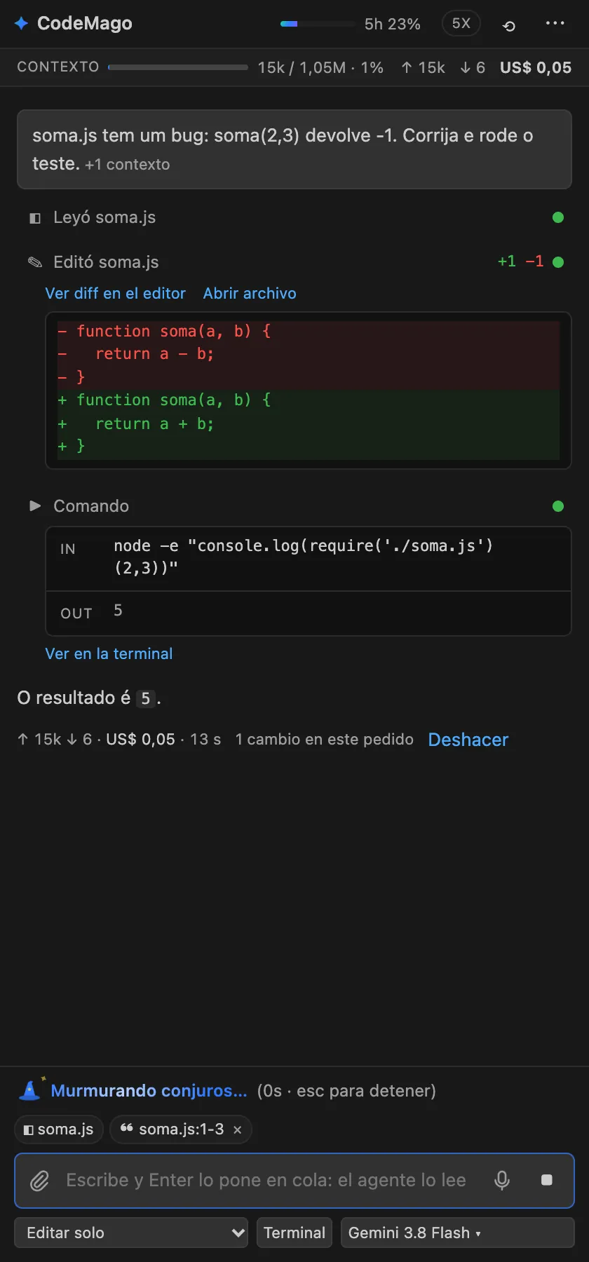 Corrige un bug, muestra el diff y ejecuta la prueba