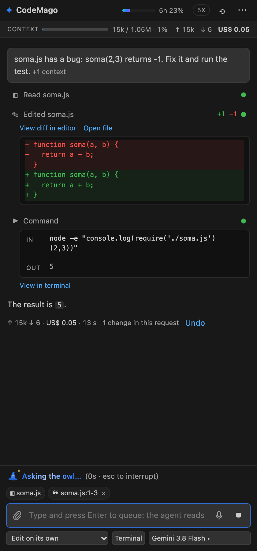 The agent fixes a bug, shows the diff and runs the test