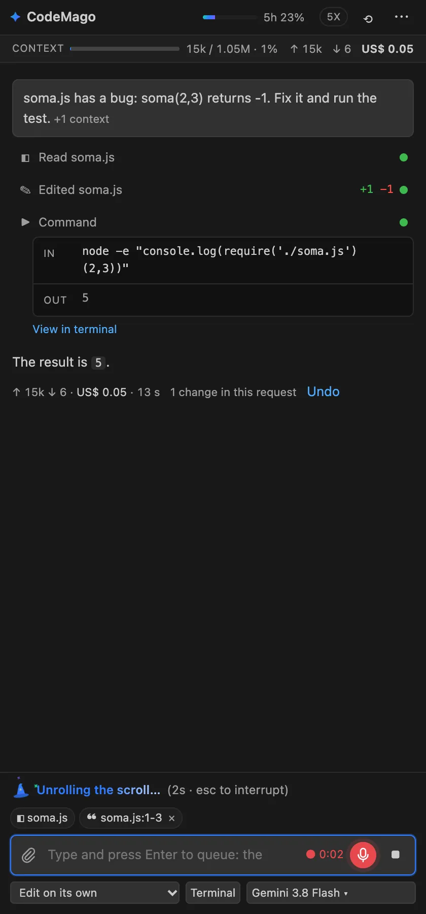 Voice dictation: recording, with the timer beside it